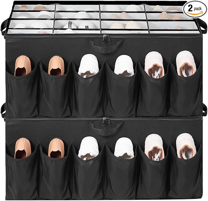 Shoe Organizer for Closet, Shoe Storage Solution with Clear Cover & Adjustable Dividers, Fabric Shoe Box Fits 16 +12 Pairs Shoes, Black, 2-Pack