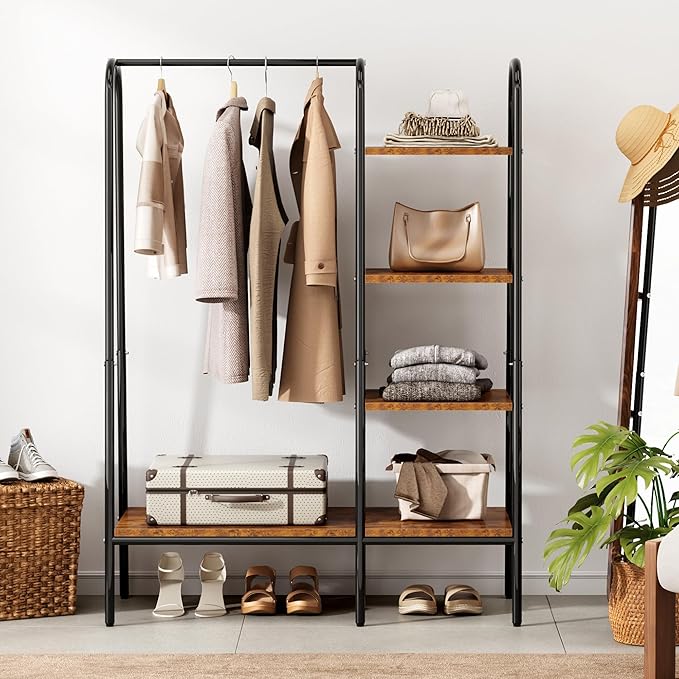SogesHome Free Standing Clothing Rack, Standing Coat Rack Garment Racks with 3-Tier Storage Shelves for Bedroom, Entryway, Vintage Brown