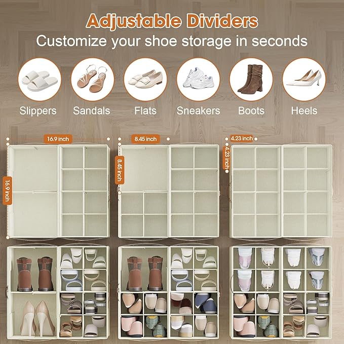 4 Pack Shoe Organizer for Closet,Foldable Shoe Storage Organizer with Adjustable Dividers, Shoe Storage Box with Clear Cover, Fits up to 16 Pairs, Beige