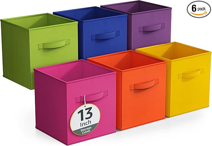 Sorbus 13 Inch Fabric Storage Cubes - Sturdy Collapsible Bins With Handle - 6 Foldable Baskets for Organizing Clothes, Toys, Books - Multi Colored Storage Baskets for Shelves, Kids Room, Closets