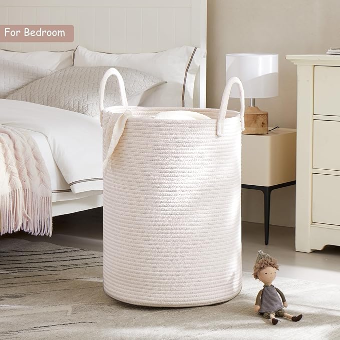 80L White Woven Hamper Laundry Basket Cotton Rope Blanket Basket for Living Room 22 inches Tall Clothes Hamper for Baby Nursery Kids in Bedroom Extra Large