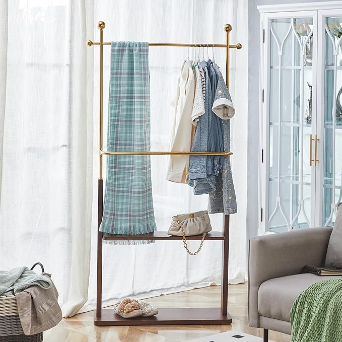 CHANCEE 68.9" Golden Stainless Steel and Walnut Solid Wood Double-Layer Coat Rack, Modern Freestanding Clothes Hanger with Storage Shelf, Multi-Functional Entryway Organizer Cabinet