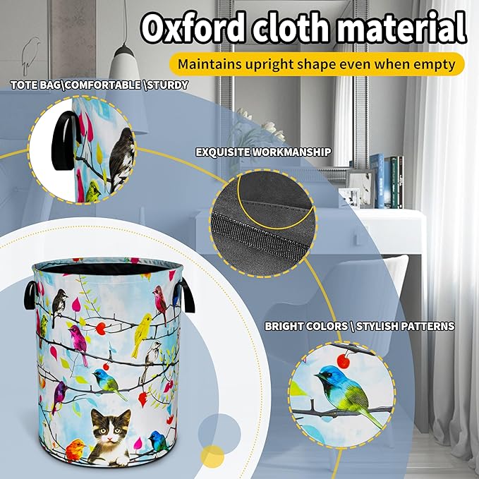 Cat Colorful Bird Laundry Basket Animal Foldable Oxford Cloth Funny Tote Bag Laundry Hamper Clothes Storage Bucket Toy Organizer For Bathroom/Laundry Storage/Bedroom 18.9x16.5 Inch