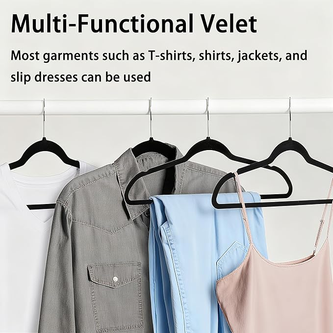 Velvet Hangers 50 Pack, Non Slip Clothes Hanger Felt Hanger with Pants Bar, Premium Quality Slim Space Saving Suit Hangers for Closet Organizer, Heavy Duty Coat Hanger, 360° Rotating Hook(Black)