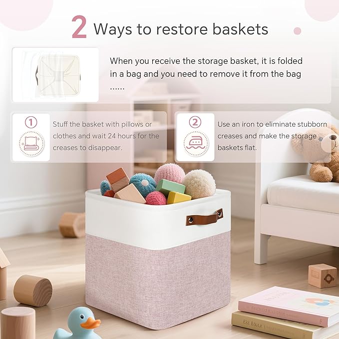Cube Storage Baskets 6 Pack, 11x11 inch Cube Storage Bins with Leather Handles for Shelf Closet (White/ Pink)