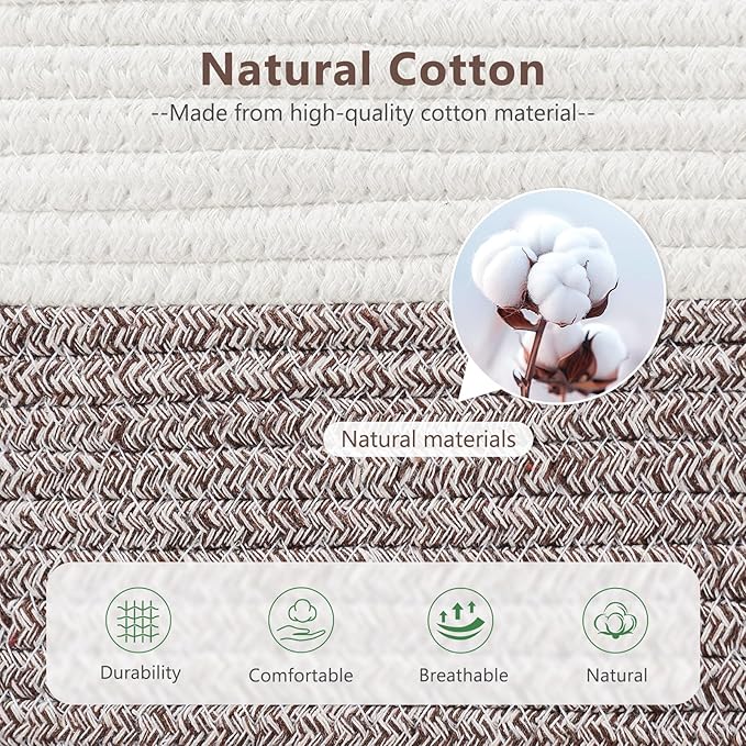 Cotton Rope Basket, Storage Baskets with Handle, 15x10x9 Inch Woven Basket for Shelves, Laundry, Towels, Clothes, Books (White Brown 1 Pack)