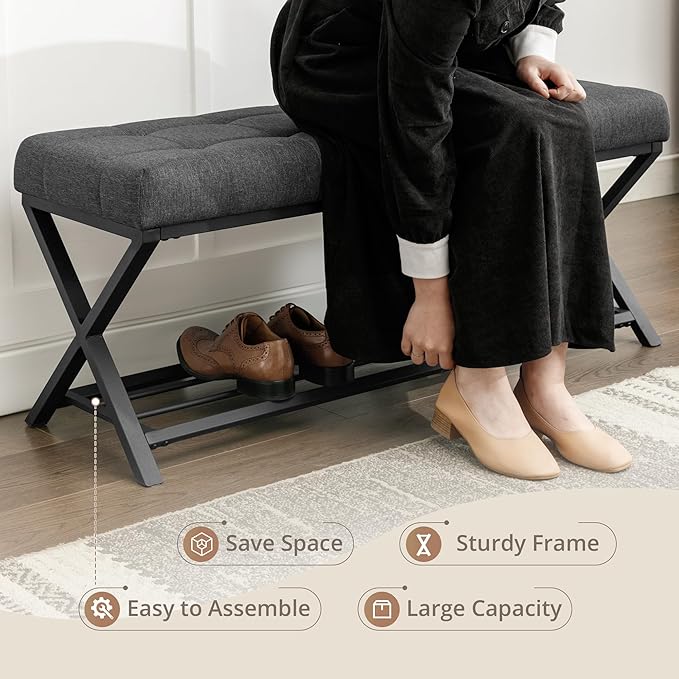 LUE BONA 44.5” End of Bed Bench with Shelf, Linen Tufted Upholstered Storage Shoe Bench, Modern Bedroom Bench with Metal Legs for Living Room, Entryway, Dining Room, 300 LB, Carbon Gray
