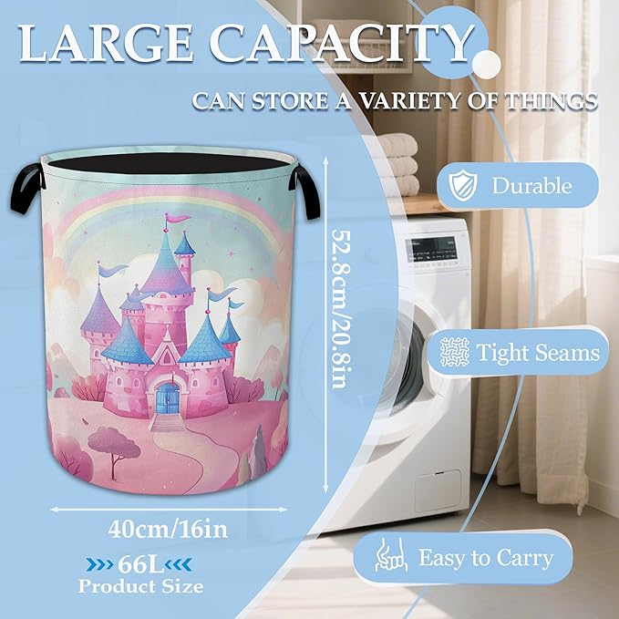 Pink Castle Large Storage Basket Collapsible Laundry Basket Oxford Storage Bin for Toy Bins Gift Baskets Bedroom Clothes Children Nursery Hamper 16" X 20.8"