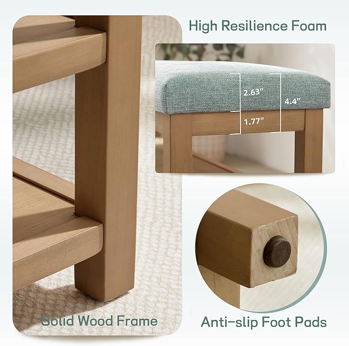 Shoe Rack Bench with Cushion, 2 Tier Solid Wood Storage Bench, Mid-Century Modern Shoe Bench for Entryway, Hallway, Closet, Front Door Entrance, Foyer (Teal, 39.4")