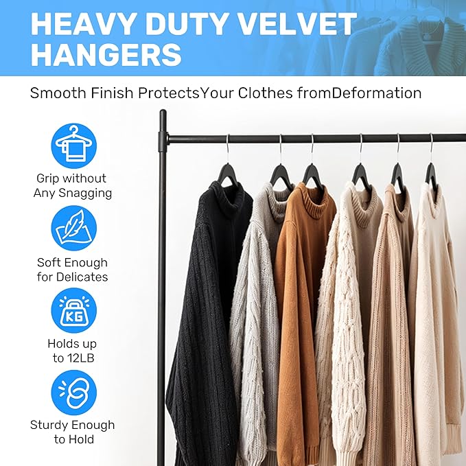 Simple Deluxe 30 Pack Velvet Hangers, Non-Slip Felt Hangers with Shoulder Notches, Space Saving Heavy Duty Clothes Hangers for Coat, Pants, Suit, Sweater, Black