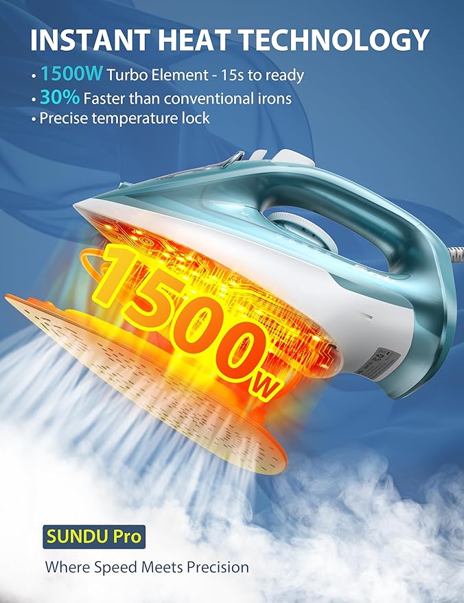 Sundu 1500W Self-Cleaning Iron for Clothes with Auto Shut-Off, Ceramic Coated Soleplate and 12oz Water Tank, Burst Steam for Fast Wrinkle Removal, Precise Thermostat, Green