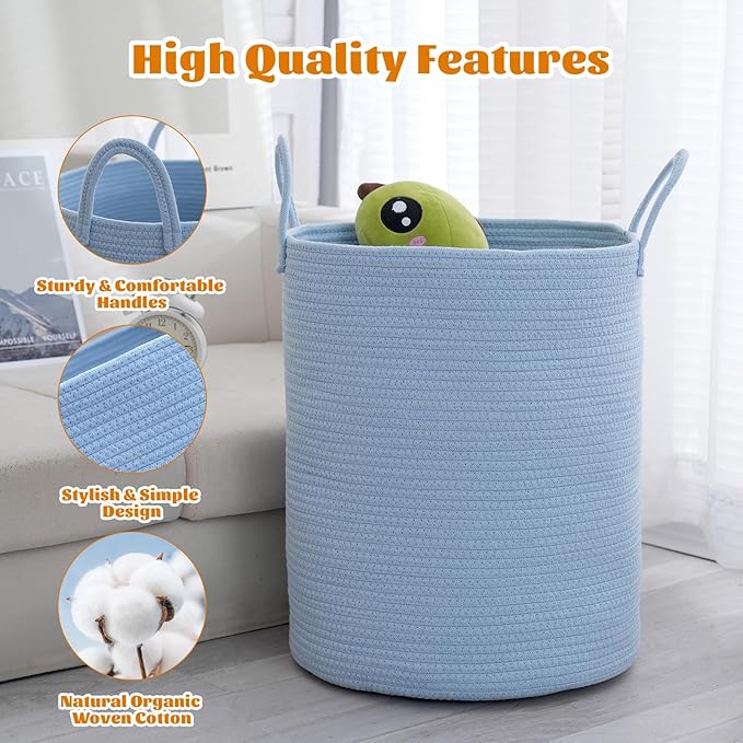 Woven Basket Nursery Laundry Hamper with Handles, Clothes Storage Organizer, Woven Basket for Boy Room Decor, Toy & Blanket Storage Bin, 15x15x18 Inch,Blue,1pc