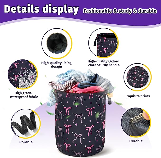 Beautiful Bow Laundry Basket Foldable Oxford Cloth With Handle Portable Colorful Storage Basket Organizer Suitable For Laundry Room/Living Room/Bedroom/Children'S Room (18.9 X 16.5 Inch)
