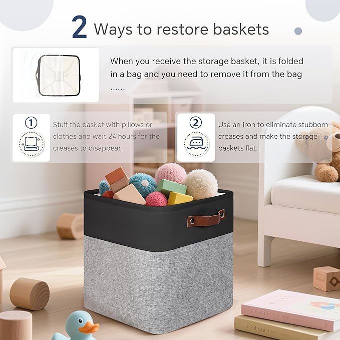 Cube Storage Baskets 6 Pack, 11x11 inch Cube Storage Bins with Leather Handles for Shelf Closet (Black/ Gray)