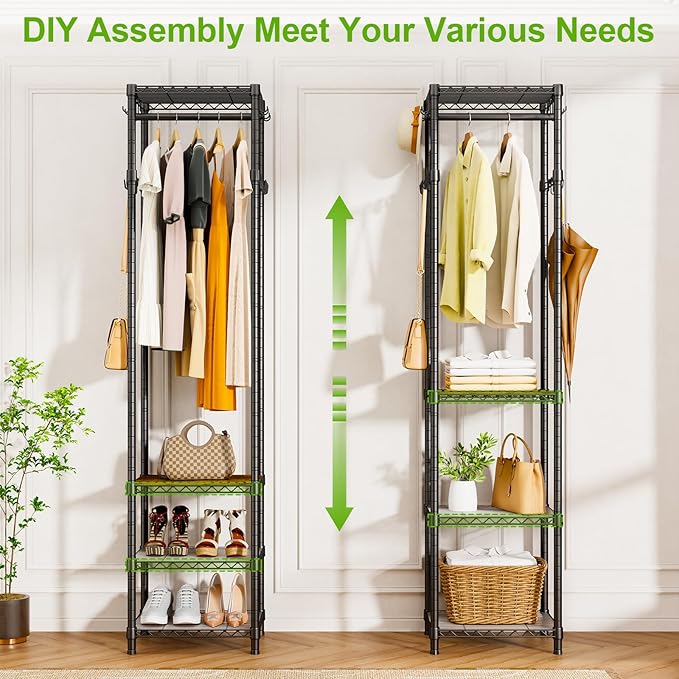 R1 Black & R1 White Coat Rack Freestanding, Hall Tree with 4 Storage Shelves and 16 Hooks, Coat Rack Stand with Shelves, Small Clothes Rack Organizer for Entryway, Hallway, Bedroom, Office