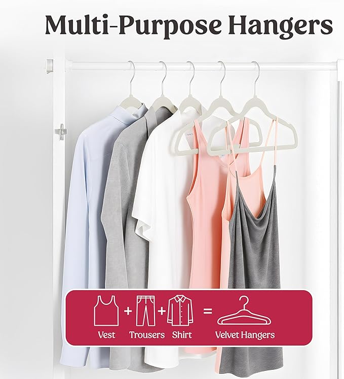 LDC White Velvet Hangers 100 Pack - Premium Non-Slip Clothes Coat Pants Felt Hanger for Closet - Heavy Duty Space Saving 360° Swivel Hook Hangars – White