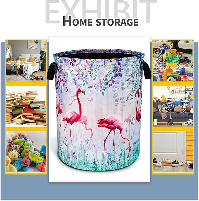 Flamingo Laundry Basket Animal Foldable Oxford Cloth Funny Tote Bag Laundry Hamper Clothes Storage Bucket Toy Organizer For Bathroom/Laundry Storage/Bedroom 18.9x16.5 Inch