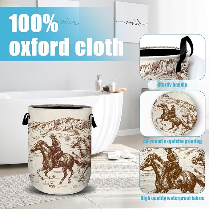 American Wild West Desert Cowboys Laundry Basket, Laundry Hamper Collapsible Oxford Cloth with Handle Clothes Toy Storage Bin for Bathroom Laundry Room Bedroom 15.7 X 20 Inch