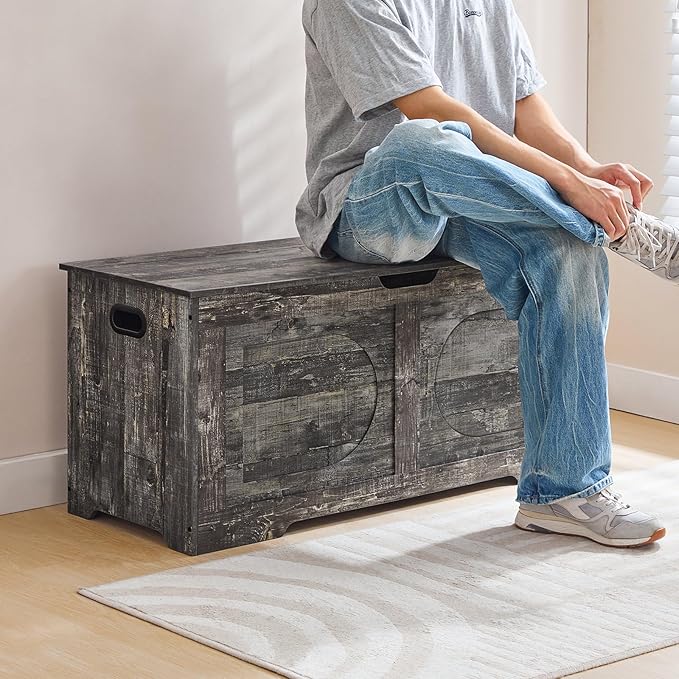 Storage Chest, 39.4” Toy Box, Entryway Storage Trunk, Shoe Bench with Storage, Engineered Wood Storage Cabinet with 2 Safety Hinges, Entrance Bench for Living Room, Vintage Gray SCRP2001