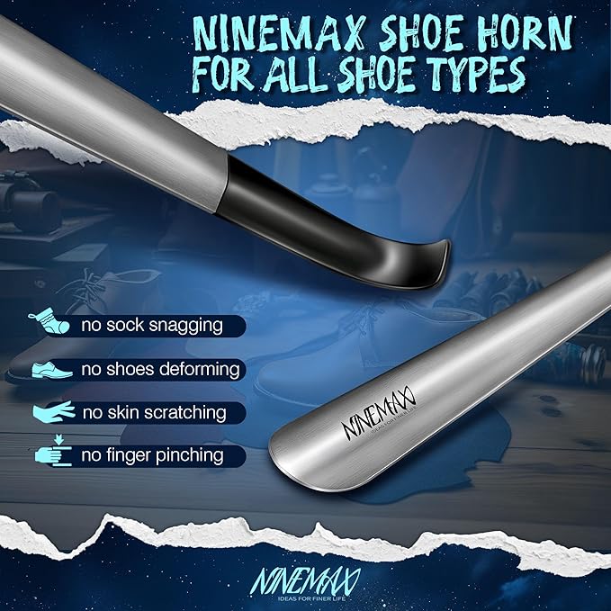NINEMAX Shoe Horn Long Handle for Seniors Men Women, Metal Long Shoehorn for Boots Stainless Steel Shoe Spoon Helper 16.5''(Pack of 2)