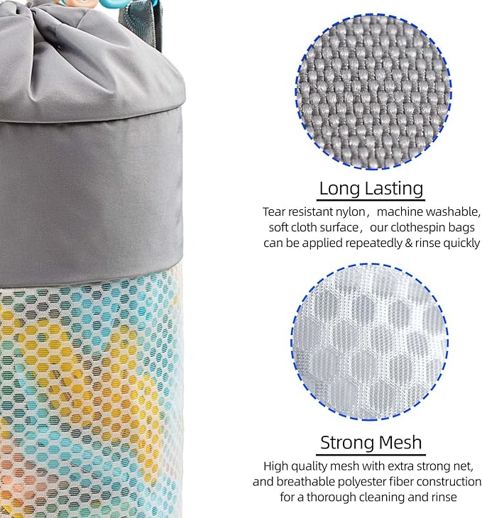 Clothespin Bag for Clothesline Outdoor, Clothes Pin Bag with Shoulder Straps, Drawstring Closure, Ventilated and Moisture Resistant, Large Capacity Laundry Clothespin Storage with Hook