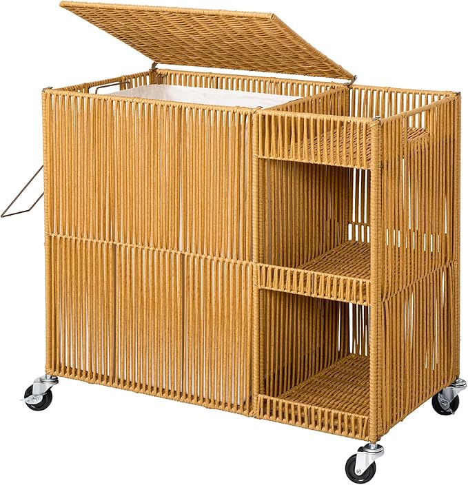 WOWLIVE Laundry Hamper with Wheels, Handwoven Laundry Basket with Lid, Shelves, Rolling Clothes Hamper with Removable Liner Bag, 110L Large Laundry Sorter Laundry Room Organization, Natural