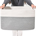 Large Blanket Basket Living Room, Rectangle Storage Basket, Large Basket for Blankets, Woven Cotton Rope Baskets for Storage Toy Dirty Clothes, 22”x17”x12”, White & Grey, 75L