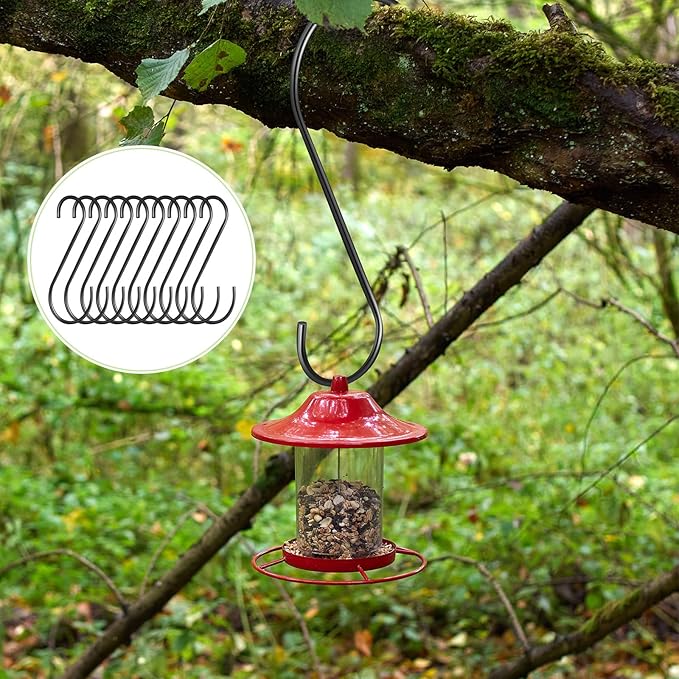 12 Pack 12 Inch S Hooks for Hanging Plants Black Metal Plant Hanger Outdoor Hanging Tree Hooks for Branch, Bird Feeder, Basket, Lantern, Indoor Closet Garden