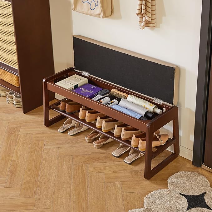 Shoe Rack Bench with Cushion, 2 Tiers Wood Shoe Bench with Flip-Top Storage, 39.37in Shoe Rack for Entryway, Hallway, Walnut Color YD-WD062B