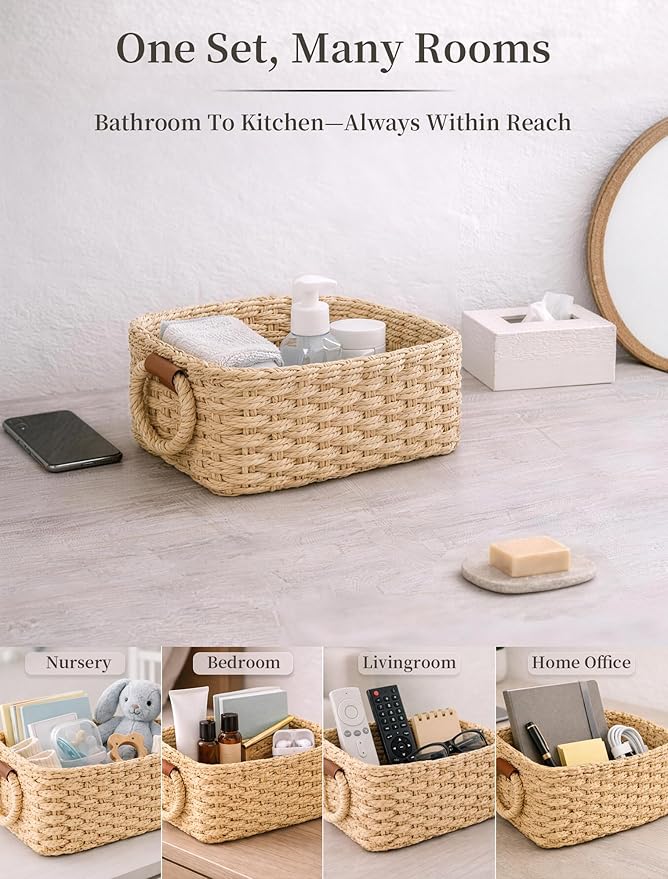 Storage Basket, Recycled Paper Rope Bathroom Basket Organizer, 3Pcs Small Baskets for Organizing, Mini wicker Basket for Decorative Storage Bins, Shelves, Bathroom, Cabinet - Beige