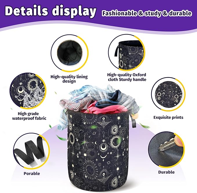 Gothic Sun Moon Stars Laundry Basket Foldable Oxford Cloth With Handle Portable Colorful Storage Basket Organizer Suitable For Laundry Room/Bedroom/Living Room/Children'S Room (18.9 X 16.5 Inch)