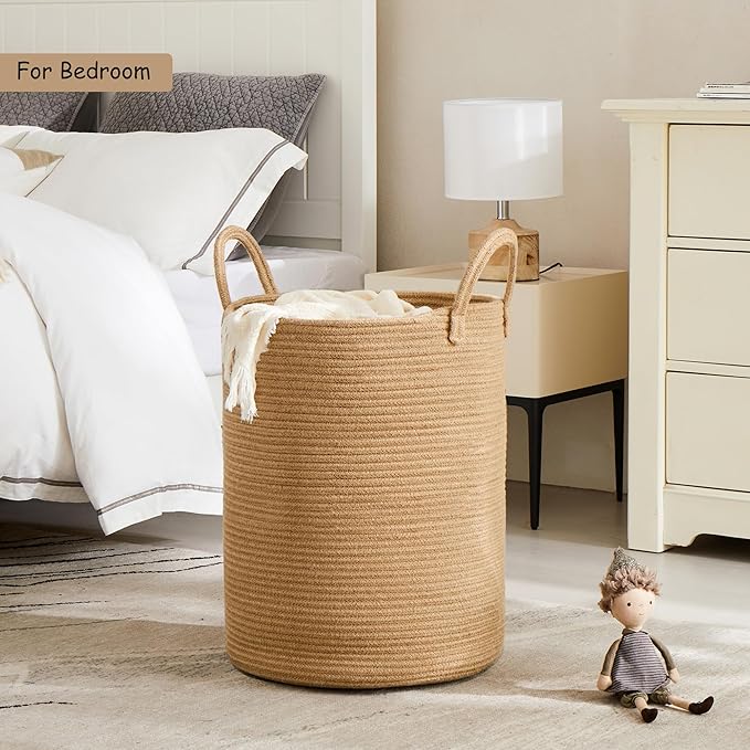 60L Jute Woven Hamper Laundry Basket Wicker Rope Clothes Hamper for Baby Nursery Kids Tall Rattan Blanket Basket in Living Room Bedroom 15Dx20H inches
