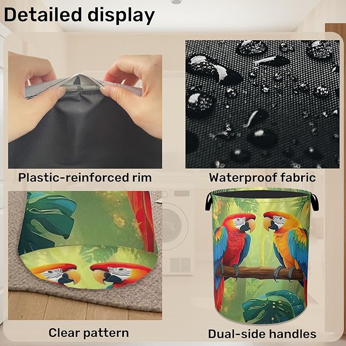 Tropical Parrot Foldable Laundry Hamper - Waterproof Fabric Storage Basket with Handles, Clothes Hampers for Laundry,Bedroom,Dorm