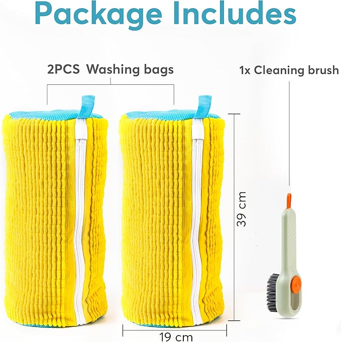 Laundry Shoe Bag for Washing Machine 2 Pcs, Reusable Shoe Washing Machine Bag for Washer and Dryer with Bonus Brush – Microfiber Sneakers Shoes Laundry Bag with Zipper, Tennis, Gym, Trainers