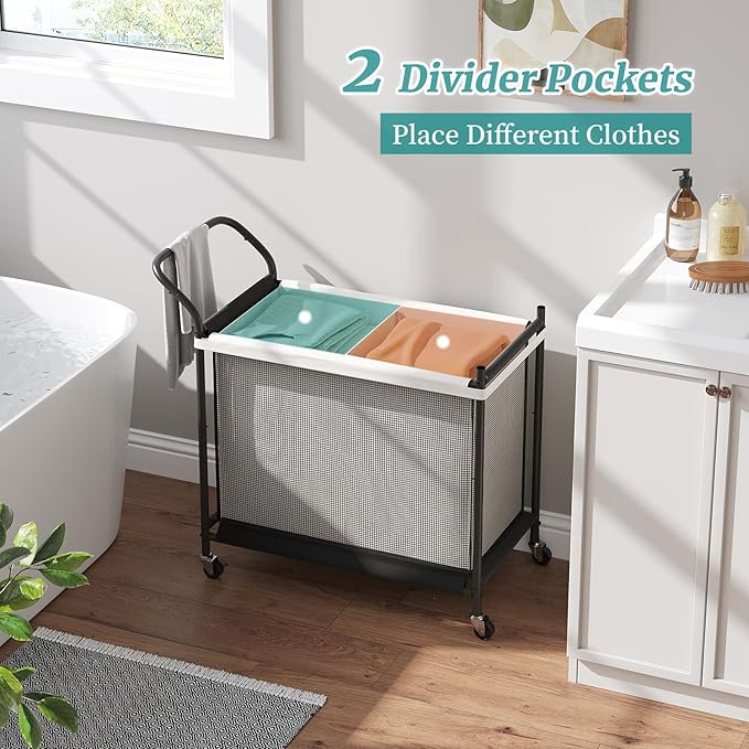 Laundry Hamper with Wheels - 2 Section Laundry Basket 140L, Removable Washable Bags, Height-Fitted Rolling Laundry Cart for Laundry Room & Bedroom