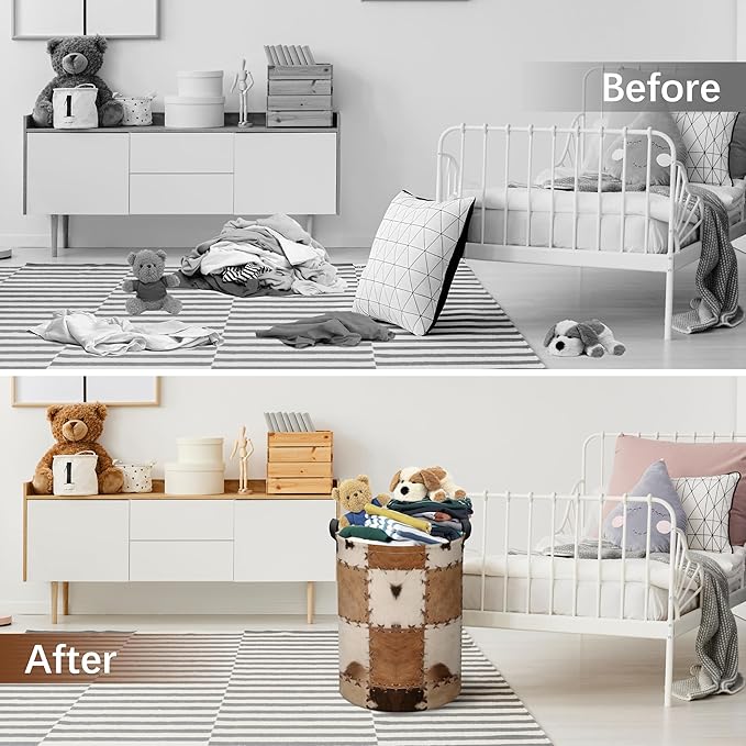 Cows Print Laundry Basket, Collapsible Waterproof Oxford Cloth Laundry Hamper, Vintage Round Kids Toys Storage Basket as Room Decor, Farmhouse Dirty Clothes Hamper for Bedroom Bathroom Dorm (Brown)