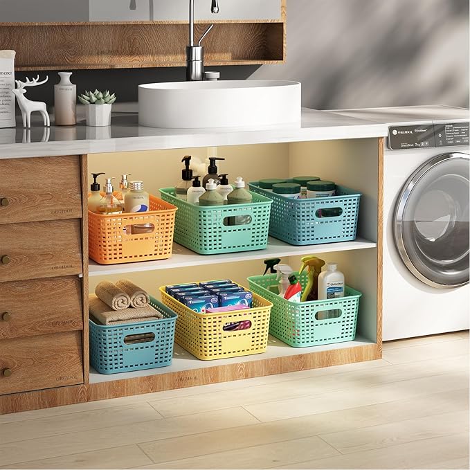 Plastic Storage Basket with Lids 12 Pack Stackable Colorful Storage Bins Containers with Lid, Decorative Storage Boxes for Organizing Shelves, Drawers, Playroom, Classroom, Office, Closet