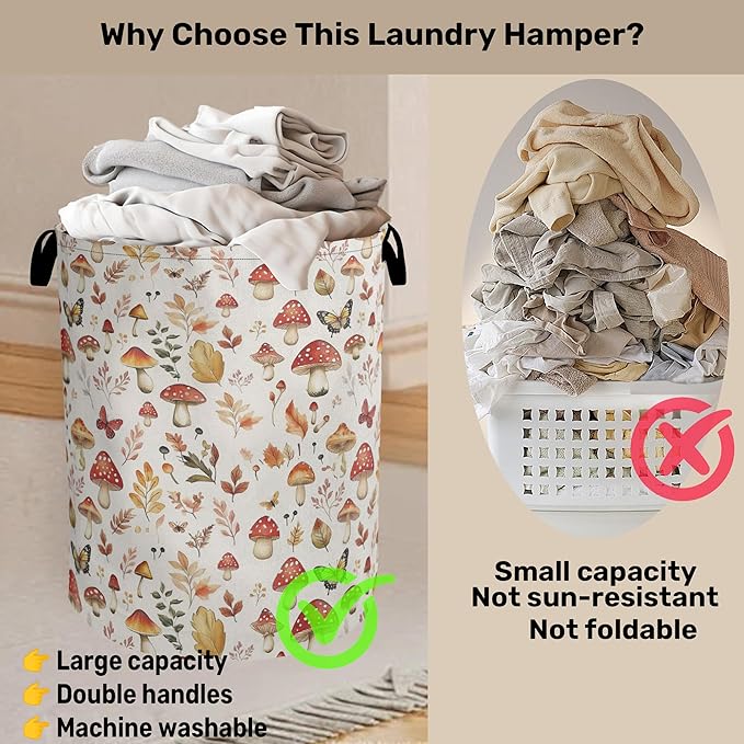 Cute Mushroom Laundry Hamper - Waterproof Fabric Laundry Basket with Handles, Foldable Storage Basket for Laundry,Bedroom,Dorm