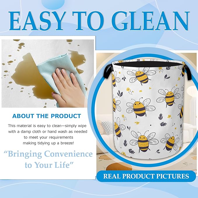 Bee Cartoon Laundry Basket Collapsible Oxford Organizer Basket for Storage Bin Toy Bins Gift Baskets Bedroom Clothes Children Nursery Hamper 16 X 20.8 Inch