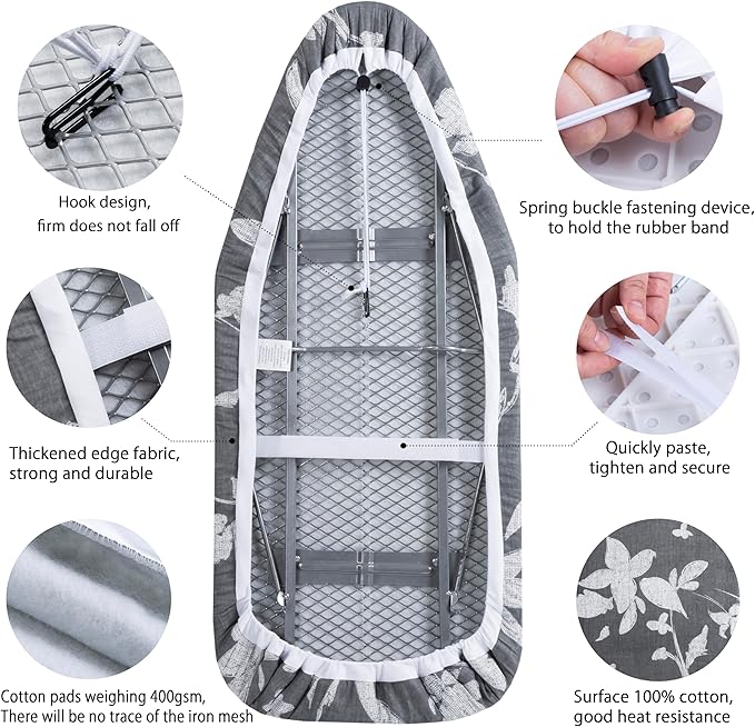 Small Ironing Board Cover Scorch Resistant, Cotton Table top Ironing Board Cover with Padding Heat Reflective Heavy Duty Pad (Grey Floral, 12.5"x32")