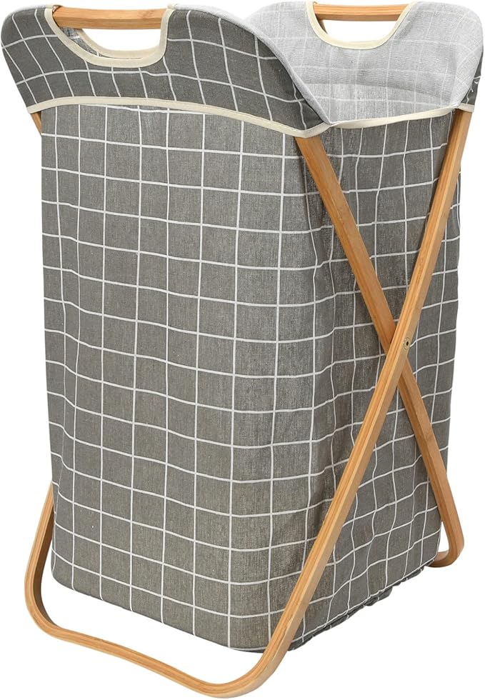 Household Essentials Bamboo X Frame Hamper with Grid Pattern, Gray