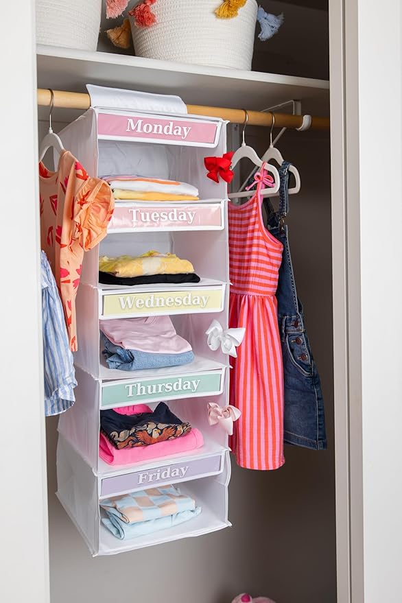 Weekly Clothes Organizer for Kids – 5 Shelf Hanging Closet Storage for School Outfits | Monday to Friday Daily Clothing Divider with Color Labels, 33" Durable Polyester