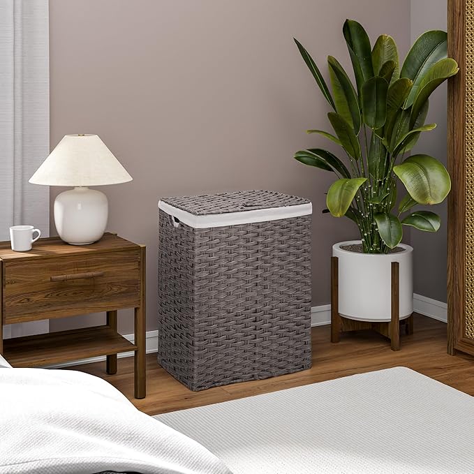Seville Classics Premium Handwoven Portable Laundry Bin Basket with Carrying Handles, Household Storage for Clothes, Linens, Sheets, Gray, Rectangular Hamper