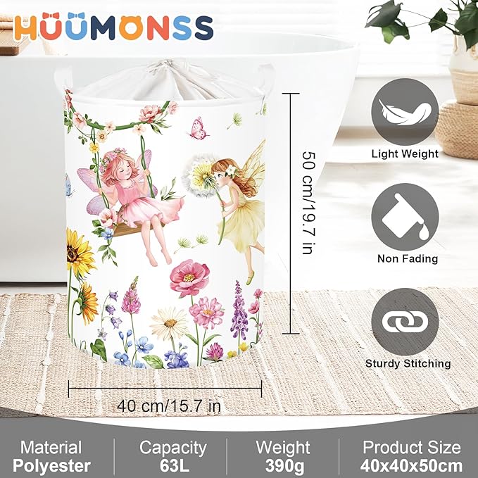 Fantasy Princess Laundry Hamper Colorful Large Storage Basket Collapsible Parents Organizer Kids Toy Clothes Bins for Bedroom, Bathroom, Fairy, 63L