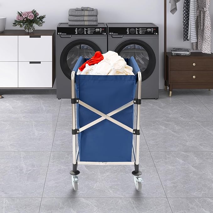 Commercial Laundry Cart with Wheels, 220lbs Laundry Cart for Home Hotel, Capacity Heavy Duty Rolling Hamper with 4 Locking Wheels and Oxford Cloth for Home, Dorm, Hotel, and Commercial Use (Blue)