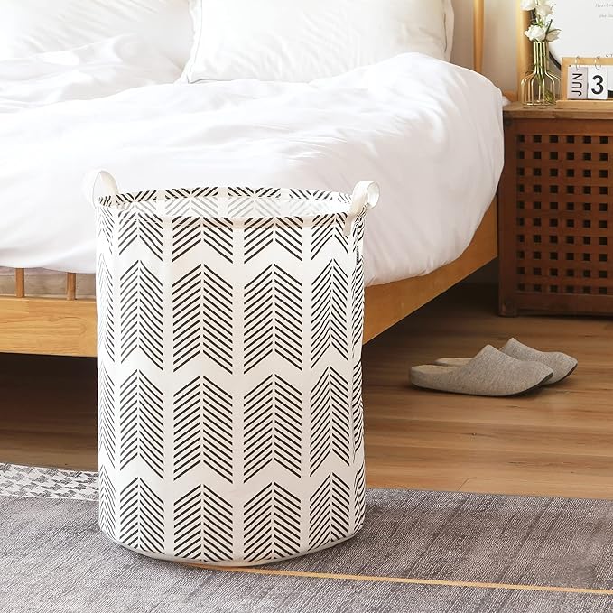 Sea Team 19.7 Inches Large Sized Waterproof Coating Ramie Cotton Fabric Folding Laundry Hamper Bucket Cylindric Burlap Canvas Storage Basket with Stylish Fishbone Black Design