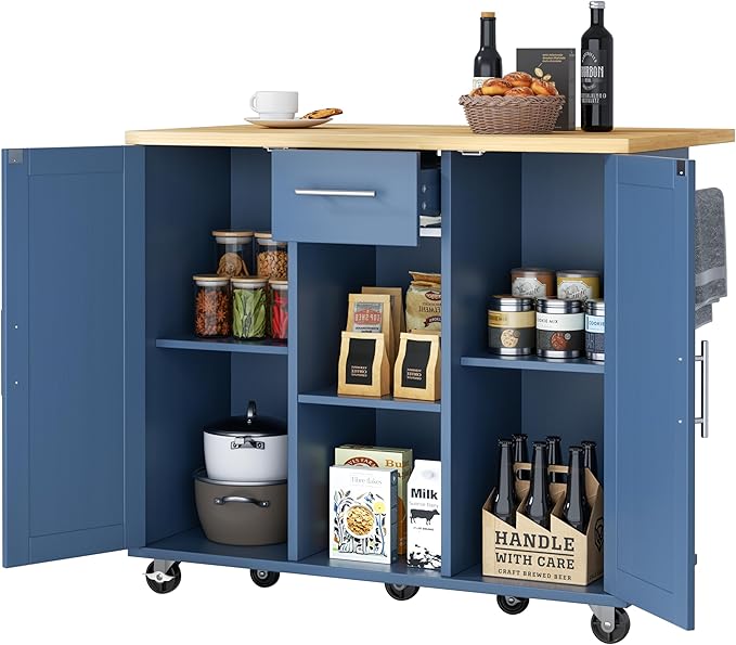 JY QAQA 42" Kitchen Island with Storage on Wheels, Rolling Table with Drop Leaf, Drawers, Cart Handle for Towel Rack or Free Movement, Blue