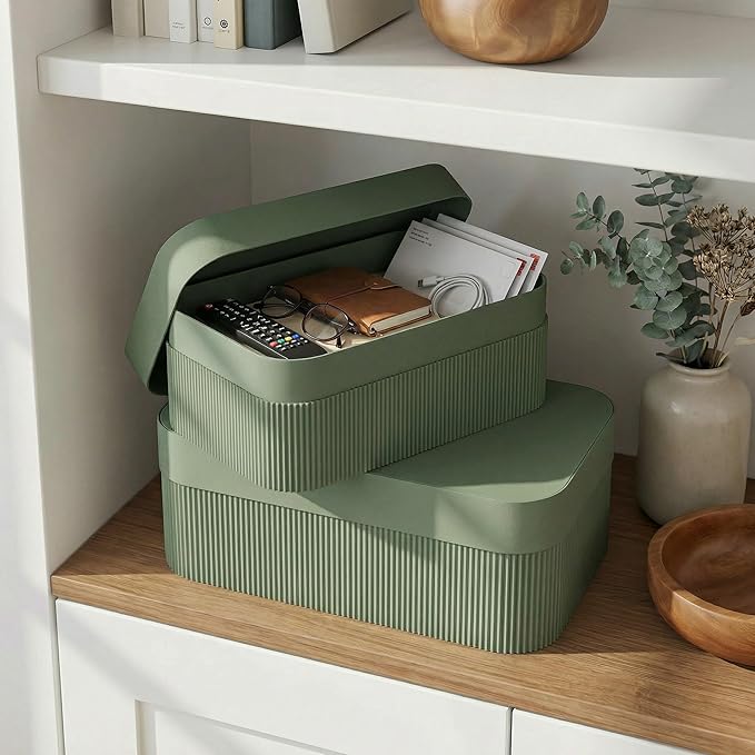 Decorative Storage Boxes with Lids – Set of 2 Beautiful Fluted Cardboard Organizer Bins for Your Home Bookshelf Decor to Safely Store Your Documents, Memory Box Items and Other Keepsakes in Style