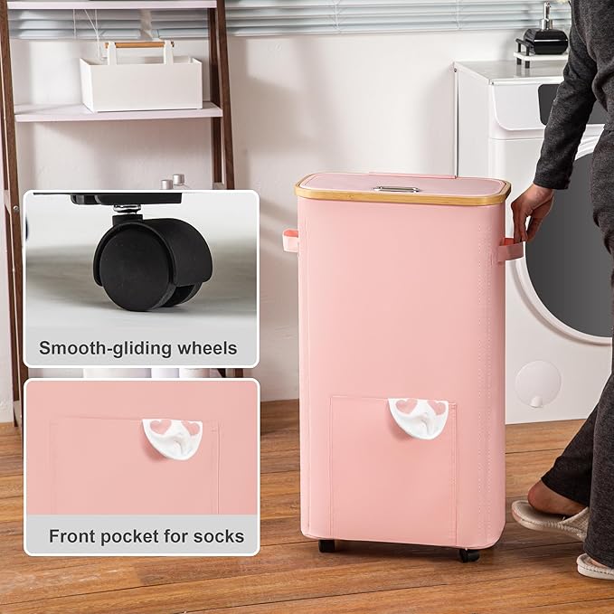 Laundry Basket with Wheels, Tall Dirty Clothes Hamper on Wheels, Rolling Laundry Hamper with lid for Dorm, Bedroom and Bathroom