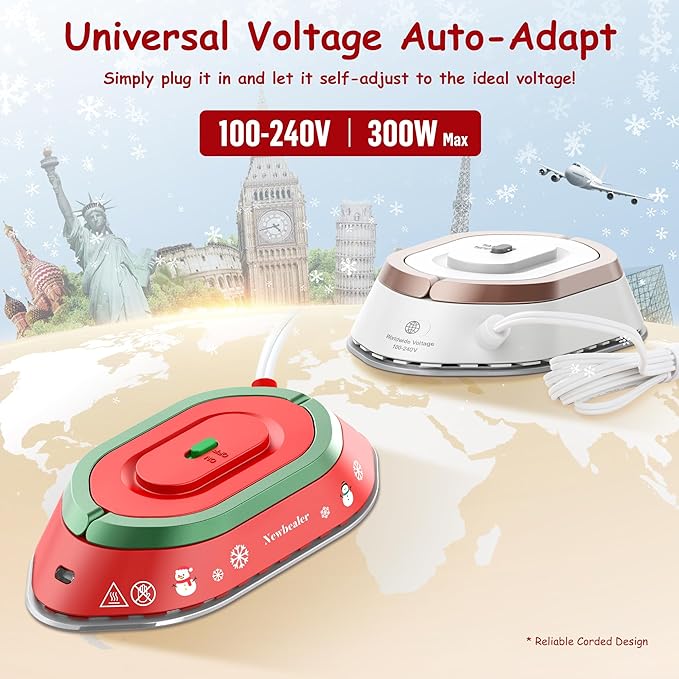 Newbealer Travel Iron, Global Voltage 100-240V, 302℉ Mini Dry Iron for Clothes (No Steam), Max 300W, 60s Heat Up, 0.8lb Lightweight Gift (Classic Red with Hard Case)